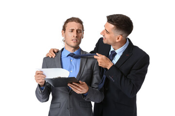 Man harassing his male colleague on white background
