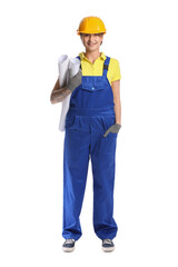 Female construction worker with rolls of paper on white background
