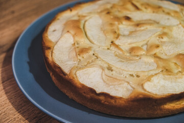 Close-up Apple Pie on a gray plate on a Brown Rustic Wooden Background
