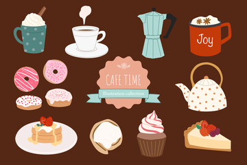 set of cakes and sweets. cafe drink and foods flat illustration elements collection 02.