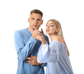 Gossiping young couple on white background