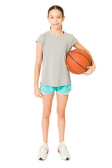 Cheerful girl taking basketball lessons