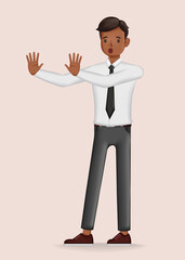 Sad businessman thows up his hands character design. 3d vector illustration.