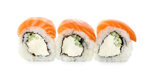Delicious sushi rolls on white background