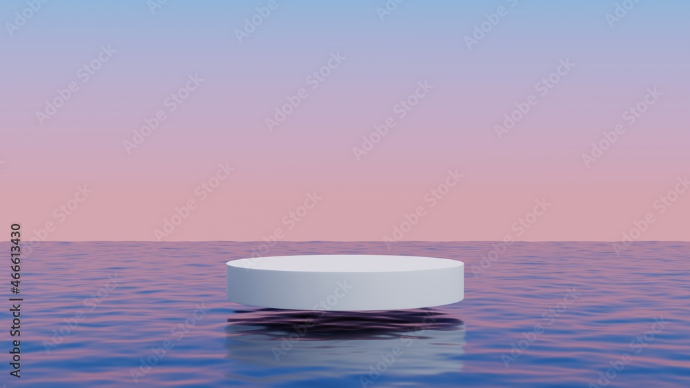 Poster White cylinder podium floating above the ocean.Abstract minimal surreal background.3d rendering illustration.