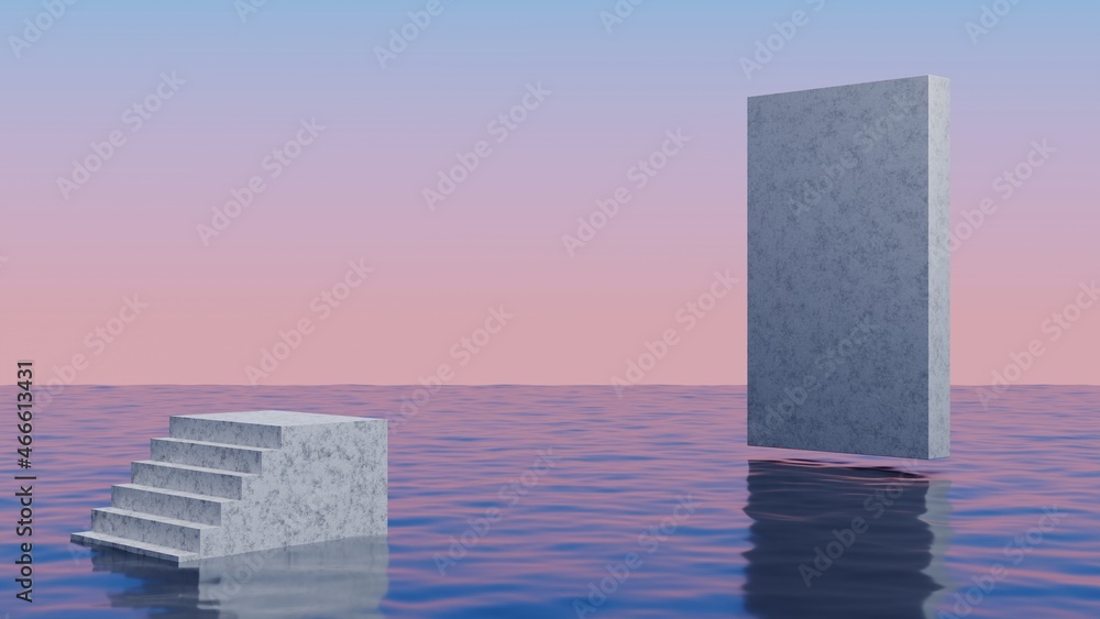 Poster Concrete staircase and arch floating above the ocean.Abstract minimal surreal background.3d rendering illustration.