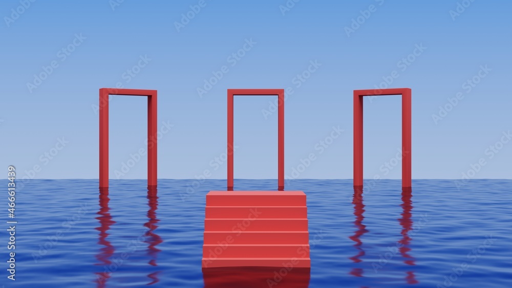 Poster Red staircase and red arch floating above the ocean.Abstract minimal surreal background.3d rendering illustration.