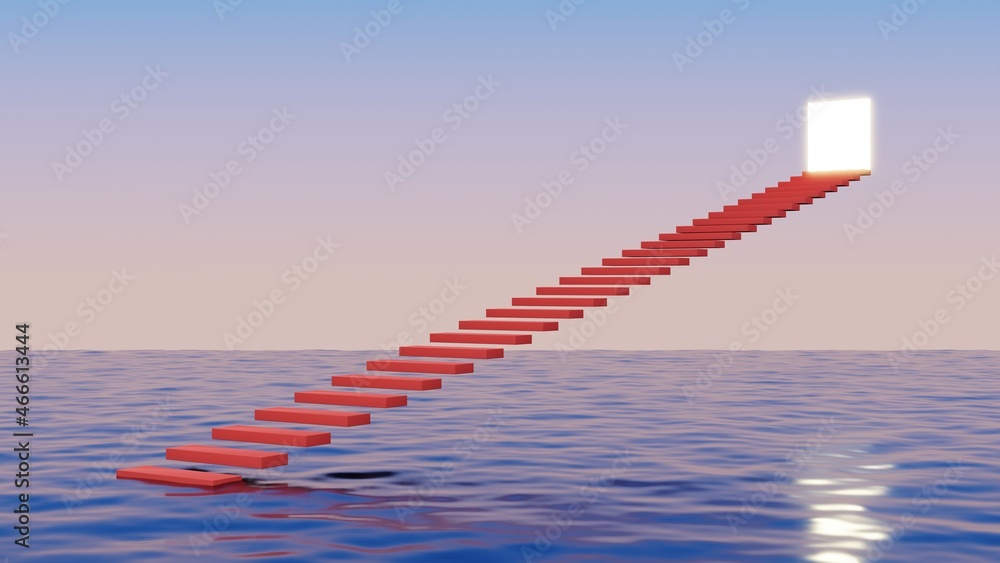 Poster red staircase floating above the ocean.step to heaven door.abstract minimal surreal background.3d re