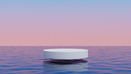 White cylinder podium floating above the ocean.Abstract minimal surreal background.3d rendering illustration.