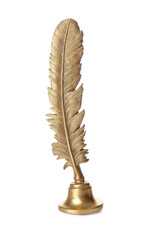 Golden decorative feather pen on white background