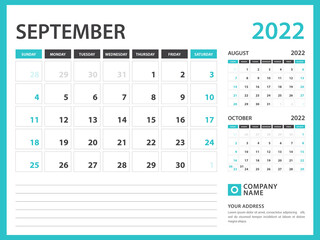 Monthly calendar template for 2022 year. September 2022  year, Calendar 2022 design vector, Week Starts on Sunday, Desk calendar 2022 design, Wall calendar, planner design, stationery, printing media