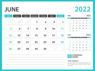 Monthly calendar template for 2022 year. June 2022  year, Calendar 2022 design vector, Week Starts on Sunday, Desk calendar 2022 design, Wall calendar, planner design, stationery, printing media