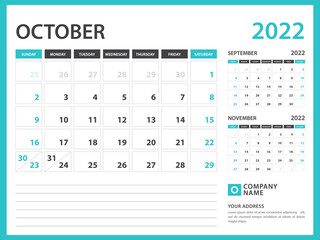 Monthly calendar template for 2022 year. October 2022  year, Calendar 2022 design vector, Week Starts on Sunday, Desk calendar 2022 design, Wall calendar, planner design, stationery, printing media