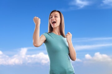 Photo of happy smiling cheerful lovely woman dancing having fun