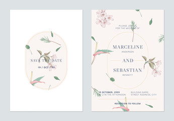 Floral wedding invitation card template design, Somei Yoshino sakura and Anthurium flowers on brown © momosama