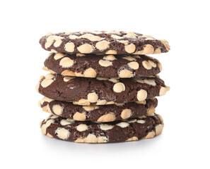 Stack of yummy cookies with chocolate chips on white background