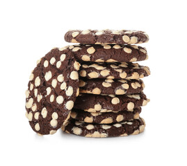 Stack of yummy cookies with chocolate chips on white background