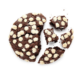 Broken tasty cookie with chocolate chips on white background