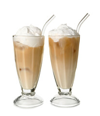 Glasses of iced hojicha latte on white background