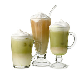 Glass cups of iced hojicha latte on white background