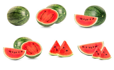 Set of watermelon  whole and slices on white background.