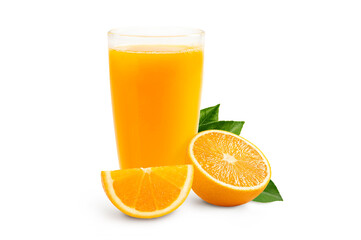 Glass of orange juice and oranges half and leaves on white background.