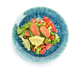 Fresh salad with salmon and vegetables on white background