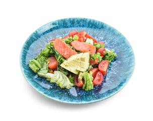Tasty salad with salmon and vegetables on white background