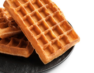 Plate with delicious Belgian waffles on white background, closeup