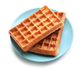 Plate with delicious Belgian waffles on white background