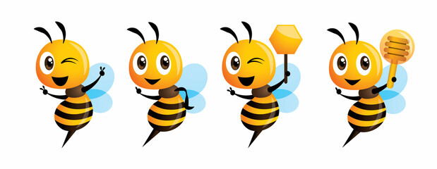 Cartoon cute bee mascot series. Cartoon cute bee pointing. Cute bee holding honeycomb. Cute bee holding honey dipper.  - obrazy, fototapety, plakaty
