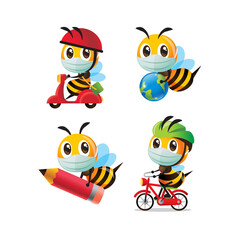Collection set of cartoon cute bee wearing face mask holding different items in new normal activities