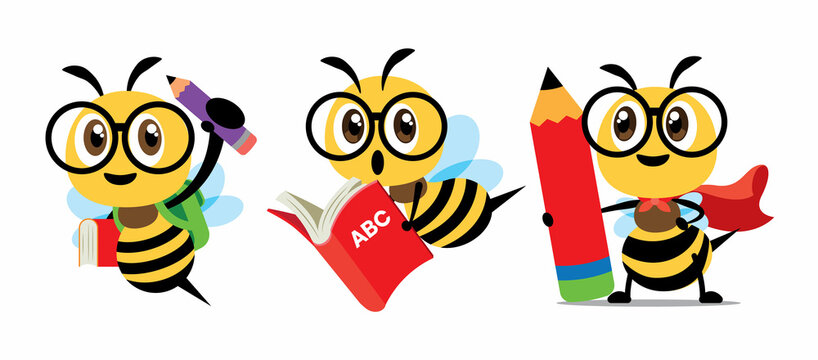 Cartoon cute bee education back to school set with holding a huge learning book and big pencils. Superhero Bee wear cloak back to school flat design	