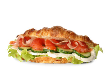 Delicious croissant sandwich with fish on white background