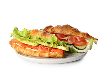 Plate with delicious croissant sandwich on white background