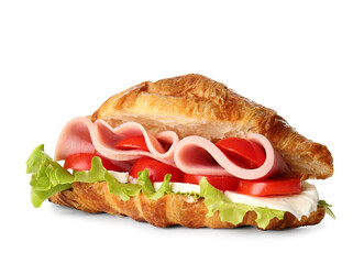 Delicious croissant sandwich with meat on white background