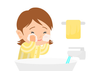 洗面台で顔を洗う女性