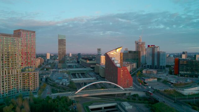 London Westfield Stratford Modern Shopping City Development Urban Regeneration Aerial View Pull Back Sunset Reveal