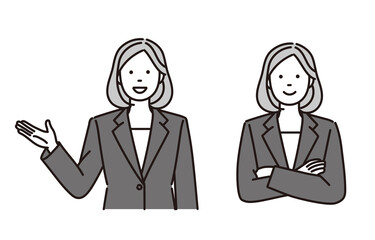 説明するまたは笑顔で腕を組むビジネスウーマンのモノクロイラスト　2ポーズセット