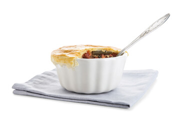 Tasty vegetable pot pie on white background