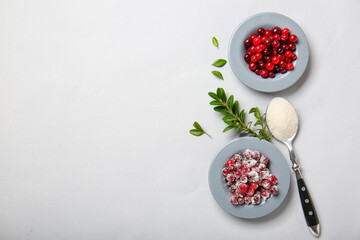 Composition with plates of delicious cranberry on white background