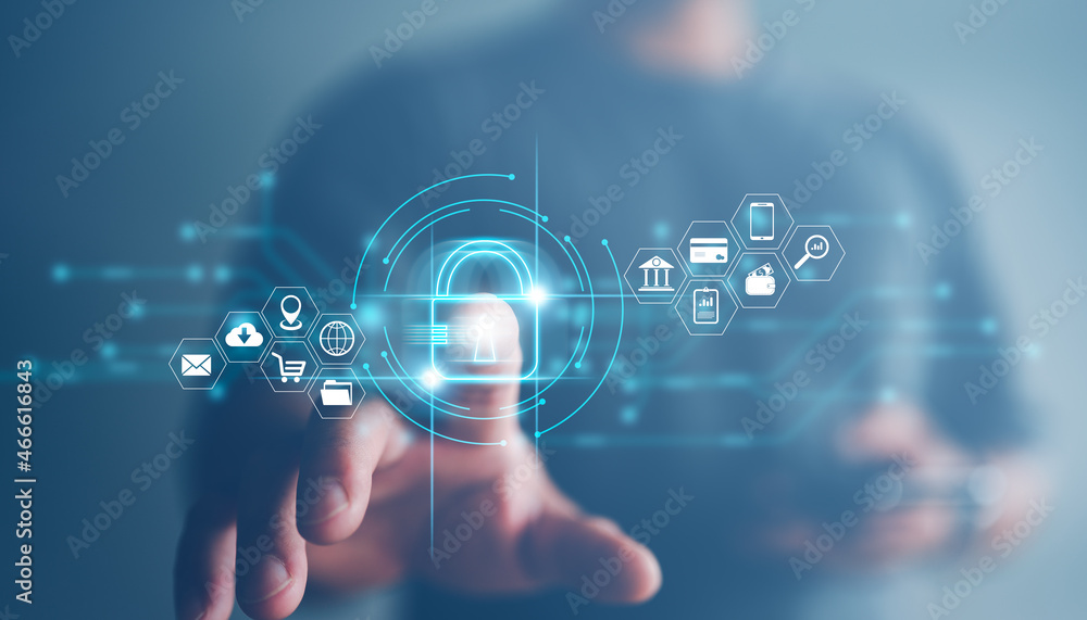Aufkleber Cybersecurity and privacy concepts to protect data. Lock icon and internet network security technology. Businessman protecting personal data on smart phone with virtual screen interfaces.