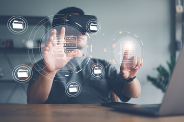 man wearing VR glasses virtual Global Internet connection metaverse, Document Management System,...