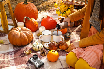 Young woman having romantic picnic on autumn day