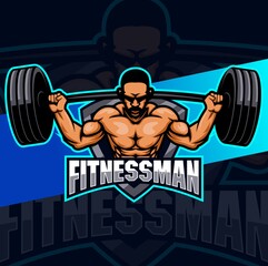 fitness man with strong muscle and barbell mascot logo concept for fitness and sport business design
