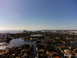 Aerial drone photo Fort Lauderdale Beach FL residential islands with waterfront mansions