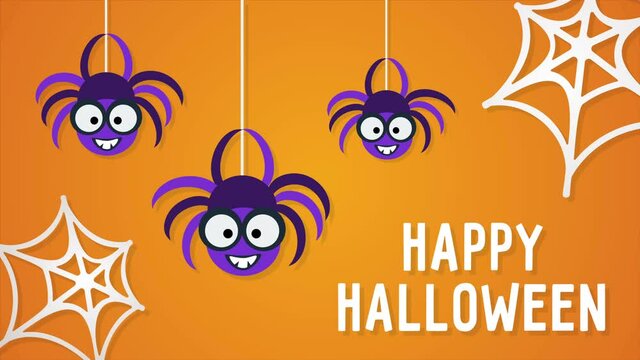 Three hanging cute spiders. Happy Halloween banner or party invitation motion background. Animation for yours presentation. 4K video clip render footage