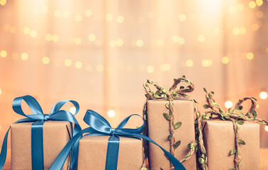 gift box, present on the table and light of bokeh background. Valentine's Day, Christmas, Birth...