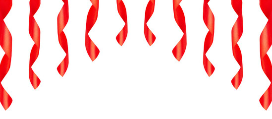 Red festive ribbons top border on white.