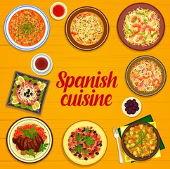 Spanish cuisine menu vector cover with frame of seafood, vegetable and meat dishes. Rice and pasta paella, extremadura beef steak, potato and tuna salads, sausage soup and veggie ham stew
